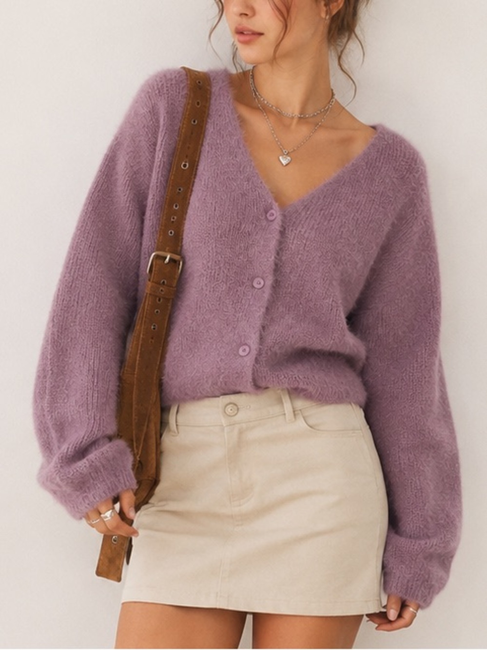 Lisa and Rose Dusty Mauve Knit V-Neck Balloon Sleeve Cardigan Sweater Size M